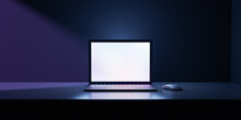 3D Rendering Illustration. Laptop Computer With Blank Screen And Color Keyboard Place Table In The Darkroom And Blue Lighting. Image For Presentation.