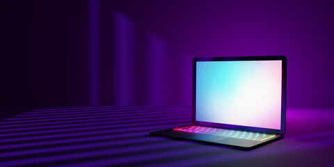 Fototapete - 3D rendering illustration. Laptop computer with blank screen and colorful keyboard place in the darkroom and purple lighting shadow. Image for presentation.