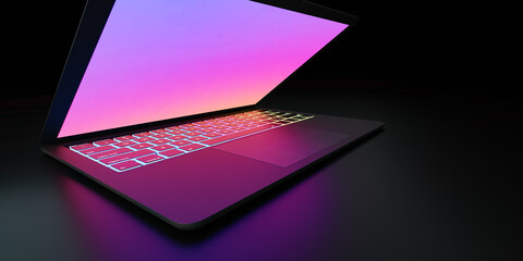 Fototapete - 3D rendering illustration. Wide angle of Laptop computer with colorful screen and keyboard place in the darkroom and purple lighting. Image for presentation.