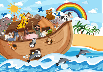 Noah's Ark with animals in the ocean scene