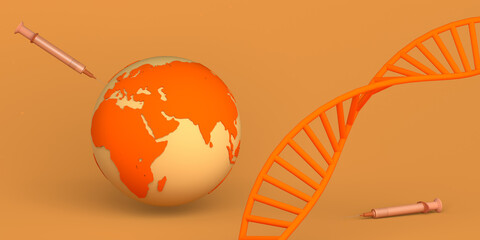 Vaccine concept with planet earth, syringe and DNA chain. Banner. Background. 3d illustration.