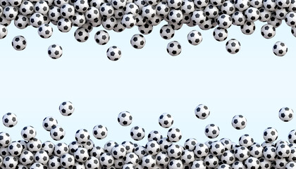 Wall Mural - Soccer flying balls arranged in two lines. Many classic black and white football balls flying over blue background with empty space for your content. Realistic vector background