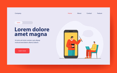 Wall Mural - young man studying online. flat vector illustration. tiny teacher in giant smartphone giving lesson 
