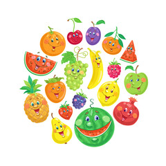 Canvas Print - Funny colorful fruits in a circle. In cartoon style. Isolated on white background. Vector flat illustration.