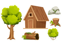 Set Forest Hut, Wooden House Or Cottage, Tree, Old Log With Moss, Stone Pile And Bush In Cartoon Style Isolated On White Background. Cabin, Country Building With Roof, Window And Door.