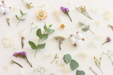 Wall Mural - Top view image of flowers composition on white wooden background .Flat lay