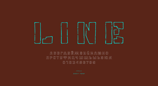 Hollow stencil-plate sans serif font in the style of hand drawn graphic