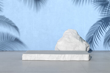Poster - 3D rendering of white stone podium for product presentation on blue concrete wall with palm leaf shadow.
