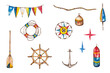 Nautical ahoy clipart. Anchor, life ring, compass, boat oar, ship's flags, buoy, rope and stars. Red-blue yellow marine decor. Watercolor hand painted isolated elements on white background.