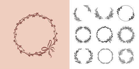 Wall Mural - Collection of elegant floral wreaths. Floral round frames from flowers, branches and leaves, laurel. Decorative elements for design. Vector illustration  isolated on white background