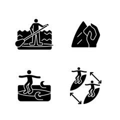 Sticker - Riding waves in ocean black glyph icons set on white space. Paddle board surfing. Surfboard wax. Noseriding technique. Keep distance between surfers. Silhouette symbols. Vector isolated illustration