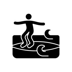 Sticker - Noseriding surfing technique black glyph icon. Performing maneuver on head-high waves. Glide across waves on longboard nose. Silhouette symbol on white space. Vector isolated illustration