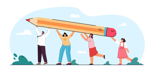 Wall Mural - Family holding huge pencil together. Father, mother, and daughters with writing tool flat vector illustration. Family, teamwork, creativity, education concept for website design or landing web page