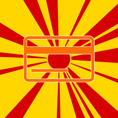 Poster - Credit card symbol on a background of red flash explosion radial lines. The large orange symbol is located in the center of the sun, symbolizing the sunrise. Vector illustration on yellow background