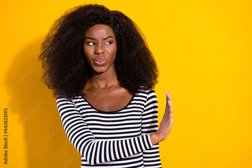 Photo portrait of young woman looking copyspace disgusted rejecting refusing isolated vivid yellow color background - obrazy, fototapety, plakaty 