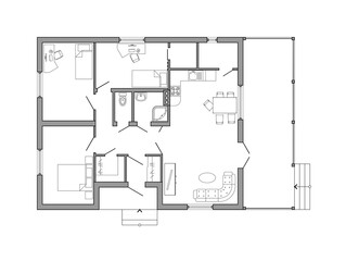 Black and White architectural plan of a house. Layout of the apartments with the furniture in the drawing view. With kitchen and toilet, living room and two bedrooms. House vector design.