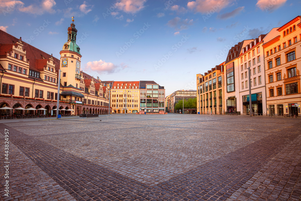 Leipzig, Germany. Cityscape image of Leipzig, Germany with Old Town Hall and the Market square at sunrise. - obrazy, fototapety, plakaty 