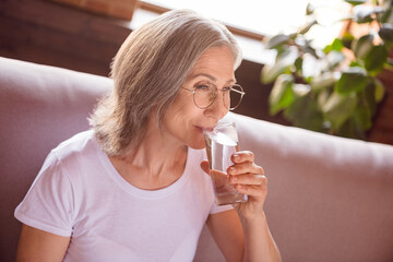 Poster - Photo of happy adorable retired woman dressed white t-shirt sitting couch drinking water smiling indoors flat home house