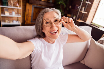 Sticker - Photo of pretty cute lady pensioner wear white t-shirt sitting sofa smiling tacking selfie indoors house flat