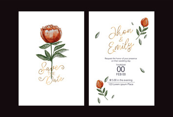 Wall Mural - Wedding invitation with flowers Peony and leaves, watercolor, isolated on white. Vector Watercolour.
