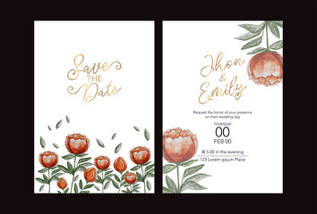 Wall Mural - Wedding invitation with flowers Peony and leaves, watercolor, isolated on white. Vector Watercolour.
