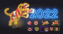Neon Tiger 2022 Number Icon. Happy New Year Of The Blue Water Tiger. Orange Neon Style On Black Background. Light Icon
