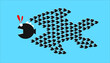 Big fish escape from group of fish chasing big fish on blue background. Business and teamwork concept.