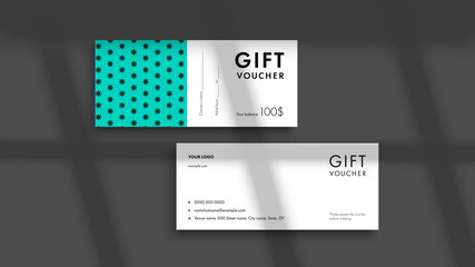 Wall Mural - Abstract gift voucher card template. Modern discount coupon or certificate layout with geometric shape pattern. Vector fashion bright background design with information sample text.