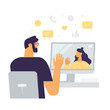 Remote communication via video call. Online meeting. Distant business, dating or education. Girl and guy waving to each other. Social line icons. Vector illustration, flat style, isolated