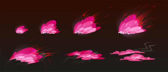 Poster - Pink burst sprites for game or animation. Vector storyboard of cartoon explosion with color clouds. Set of sequence explode with pink powder or dust splash isolated on black background