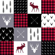 .Buffalo Plaid Seamless Pattern In Patchwork Style. Elk, Arrows, Deer Head And Trees. Vector Design.