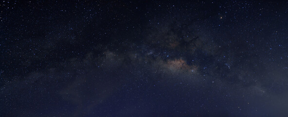 milky way in the night sky and stars on dark background with noise and grain. photo taken with long 