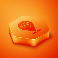 Poster - Isometric Location cowboy icon isolated on orange background. Orange hexagon button. Vector