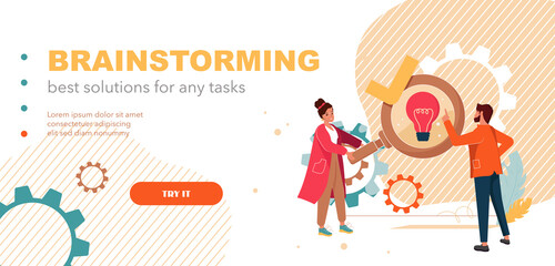 Fototapete - Creative thinking, discussion, find ideas or startup collaboration landing page. Business venture, team brainstorming, communication, idea management, partnership, development vector illustration.