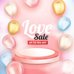 3d realistic glossy balloon and pink podium for love sale banner flyer