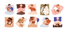 Set Of Happy People Lying With Pillows And Blankets, Sleeping Alone And In Couple In Beds. Asleep Men And Women. Deep Dream And Bedtime Concept. Flat Vector Illustration Isolated On White Background