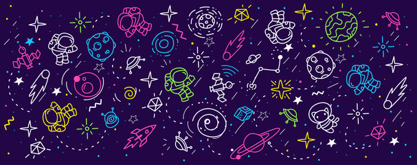Wall Mural - vector abstract kid space illustration, fun neon color pattern with astronaut, star, planet and whit