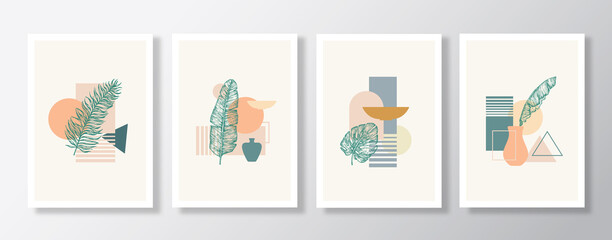 Canvas Print - Hand Drawn Palm Leaves Posters with Geometric Shapes Illustrations Collection. Abstract Vector Botanical Background Decorative Wall Art Set. Contemporary Design for Cover Apparel Print, Wallpaper
