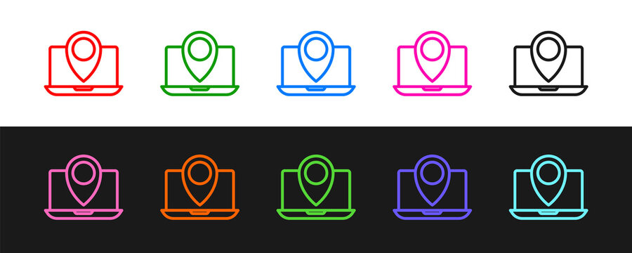Set line Laptop with location marker icon isolated on black and white background. Vector