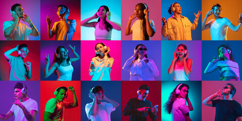 Portrait of group of people on multicolored background in neon light, collage.