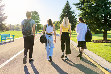 Group of teenage friends on sunny summer day walking together on road, back view