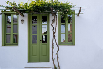 Greece, Cyclades. Folegandros island,Whitewashed wall with flowering jasmine