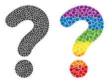 Question Mark Collage Icon Of Round Dots In Variable Sizes And Spectrum Color Hues. A Dotted LGBT-colored Question Mark For Lesbians, Gays, Bisexuals, And Transgenders.