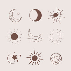 Sun Moon Boho Clipart logo art, Celestial Zodiac Esoteric Spiritual Decor, Halloween Clip Art