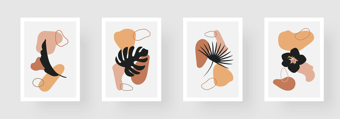 Set of creative minimalist hand draw illustrations, leaves and pastel simple shape for wall decoration, postcard or brochure cover design