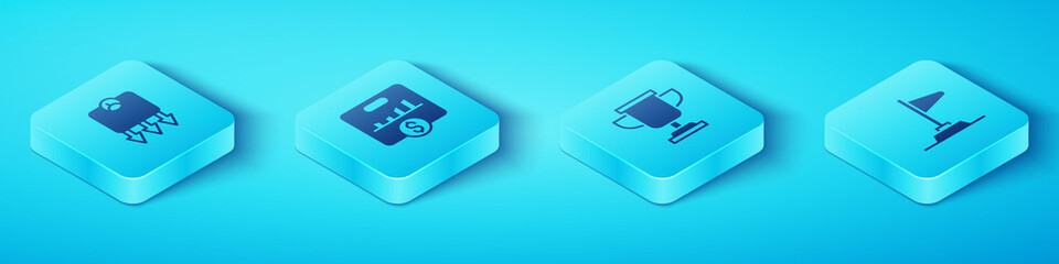 Poster - Set Isometric Weight loss, Key performance indicator, Flag and Award cup icon. Vector