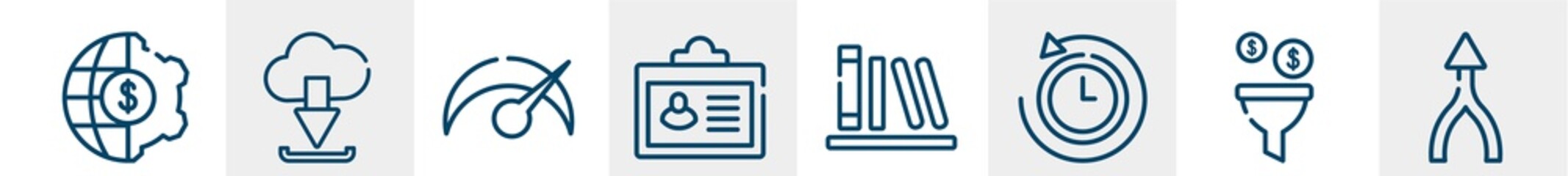 Poster - statistic collection line icons such as finances, download from cloud, velocity, cential, calibre, merging outline vector sign. symbol, logo illustration. linear style icons set. pixel perfect