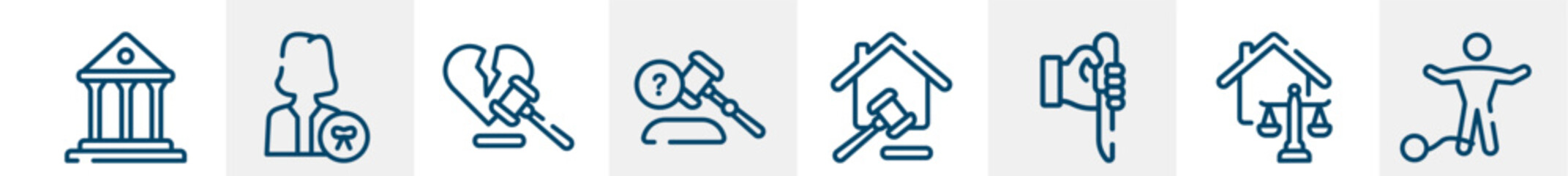 Poster - law and justice line icons such as court, attorney, divorce, ask a lawyer, property and finance, guilty outline vector sign. symbol, logo illustration. linear style icons set. pixel perfect vector