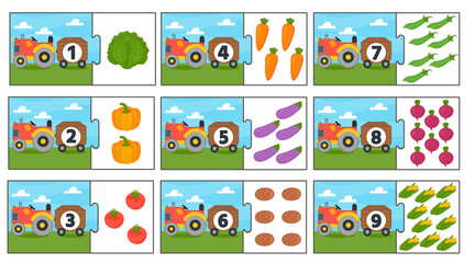 Wall Mural - Education match game for kids. Counting from 1 to 9. Count the vegetables in the tractor. Collection puzzle with numbers and vegetables. Puzzle Game, Mosaic