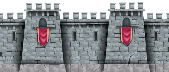 Stone castle wall seamless background, medieval city brick fortification tower, standard, loophole. Rock ancient building, fantasy game illustration, architecture exterior view. Solid castle wall